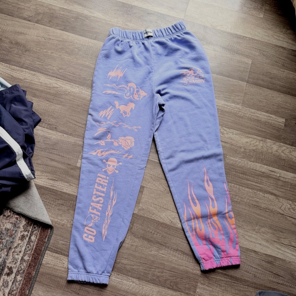 NGOrder Speed Demon Purple Graphic Sweatpants Joggers Y2K Flames Lavender Small